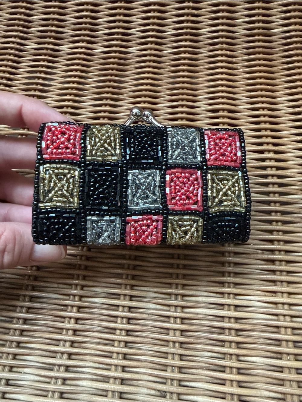 C. Marie Collection Beaded Checkerboard Kiss Lock Coin Purse